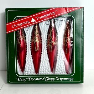 Vintage Glass Christmas Ornaments Red Teardrop with Glitter; Set of 4 w Box